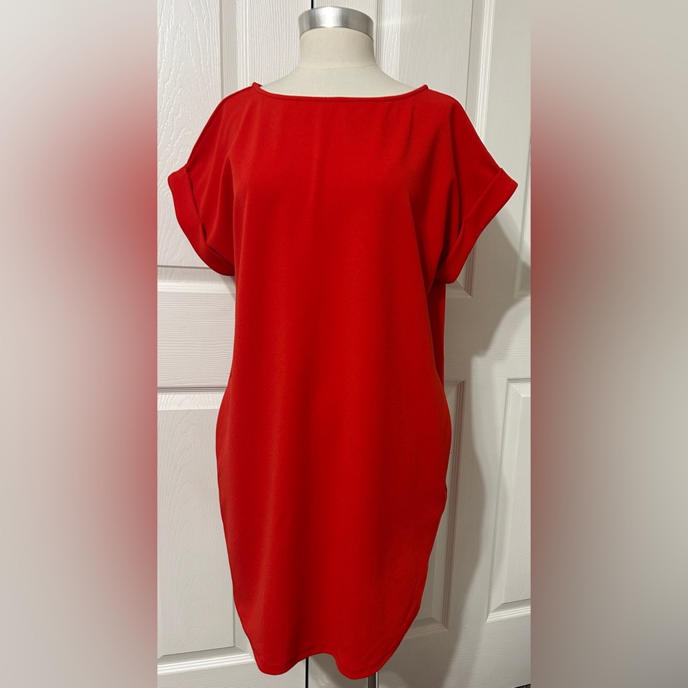FIRST LOVE Women’s Red Dress Cuff Sleeves Pockets Size L